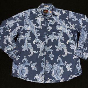 EQ Rooster Mens Cotton LS Button Up Floral All Over Print Blue Dress Shirt XL